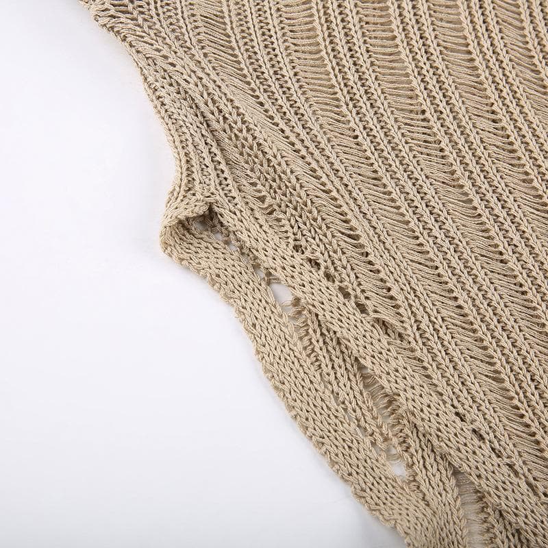 Irregular slit crewneck knitted long sleeve solid crochet top