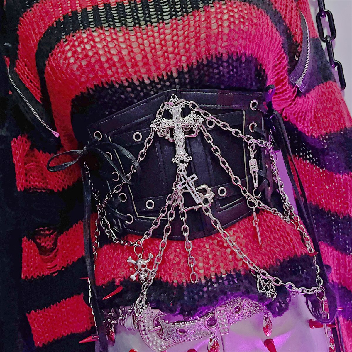 PU leather metal chain cross applique waist chain
