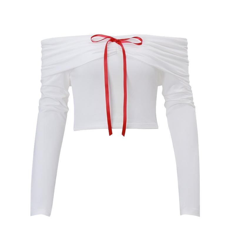 Long sleeve off shoulder bowknot ribbon top