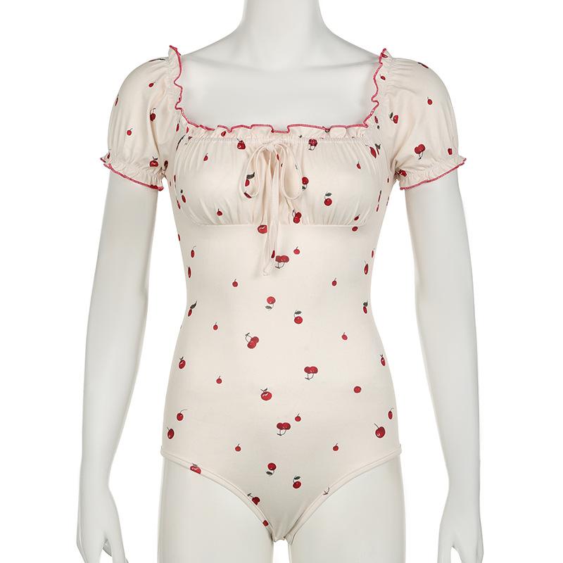 Short puff sleeve knotted ruched cherry print bodysuit