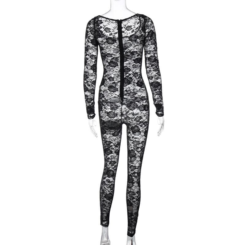 Lace solid zip-up long sleeve see through round neck jumpsuit