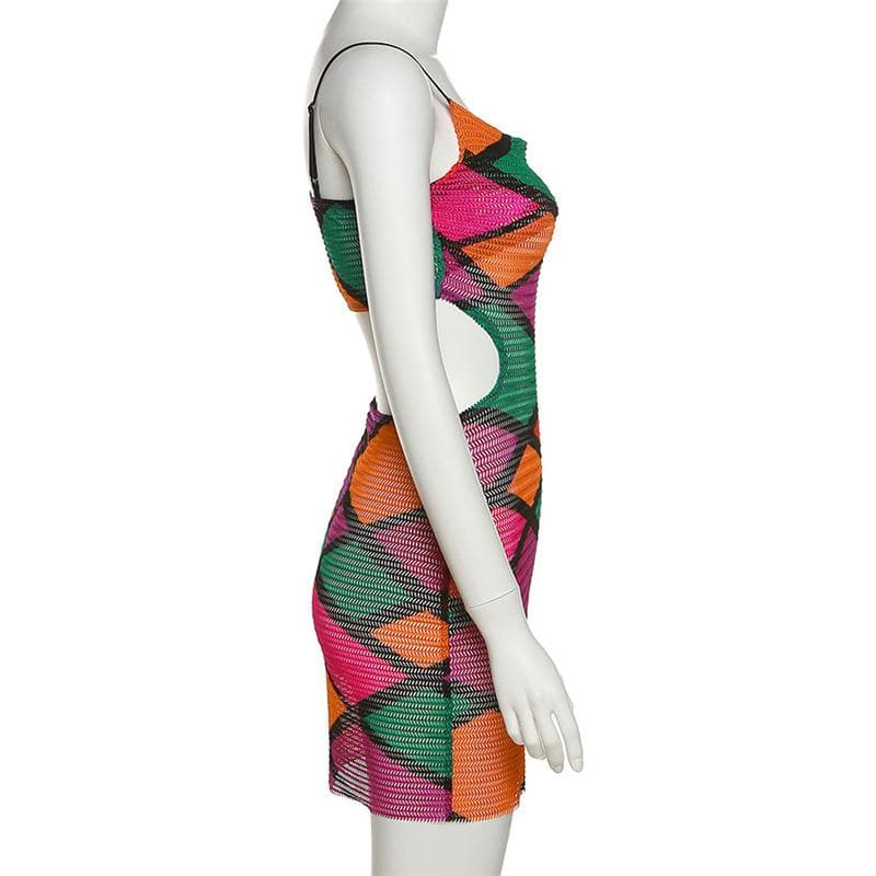 Hollow out sheer mesh see through print contrast cami dress  | samba dress