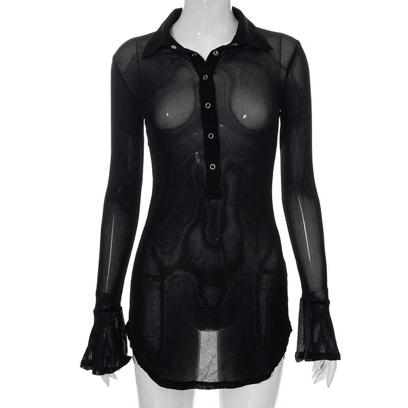 Sheer mesh see through button turnover collar flared sleeve mini dress  | samba dress