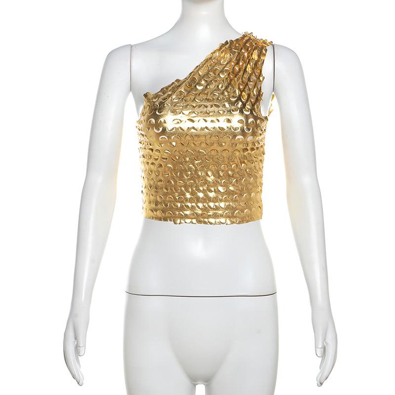 One shoulder irregular metallic textured crop top