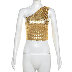 One shoulder irregular metallic textured crop top