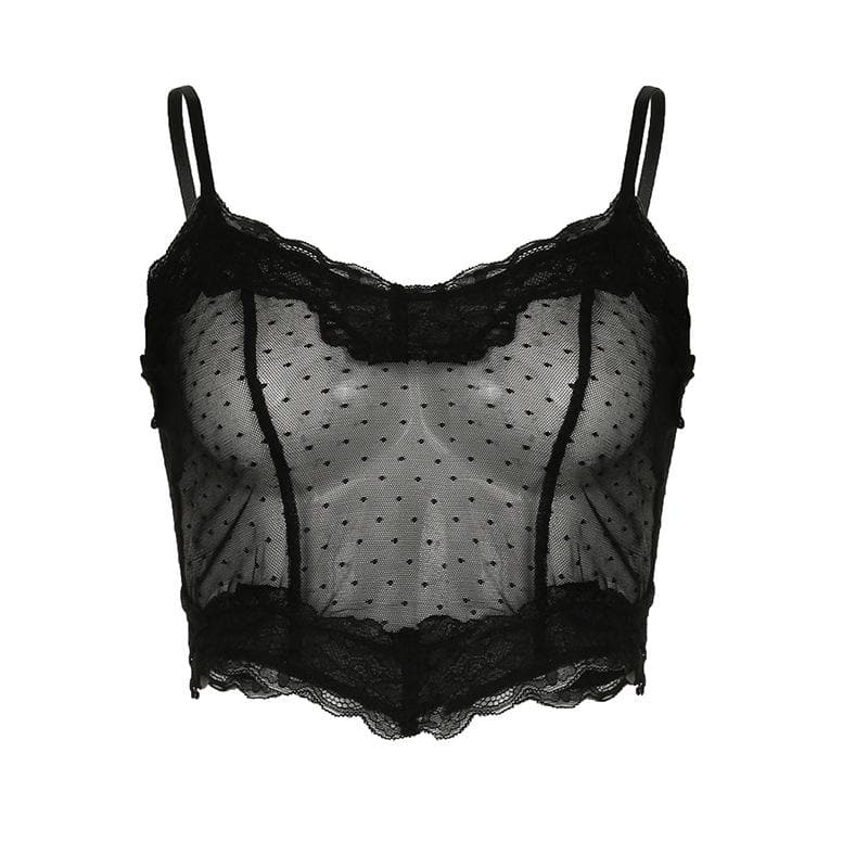 Mesh stitch see through lace hem polka dot cami top