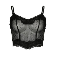 Mesh stitch see through lace hem polka dot cami top