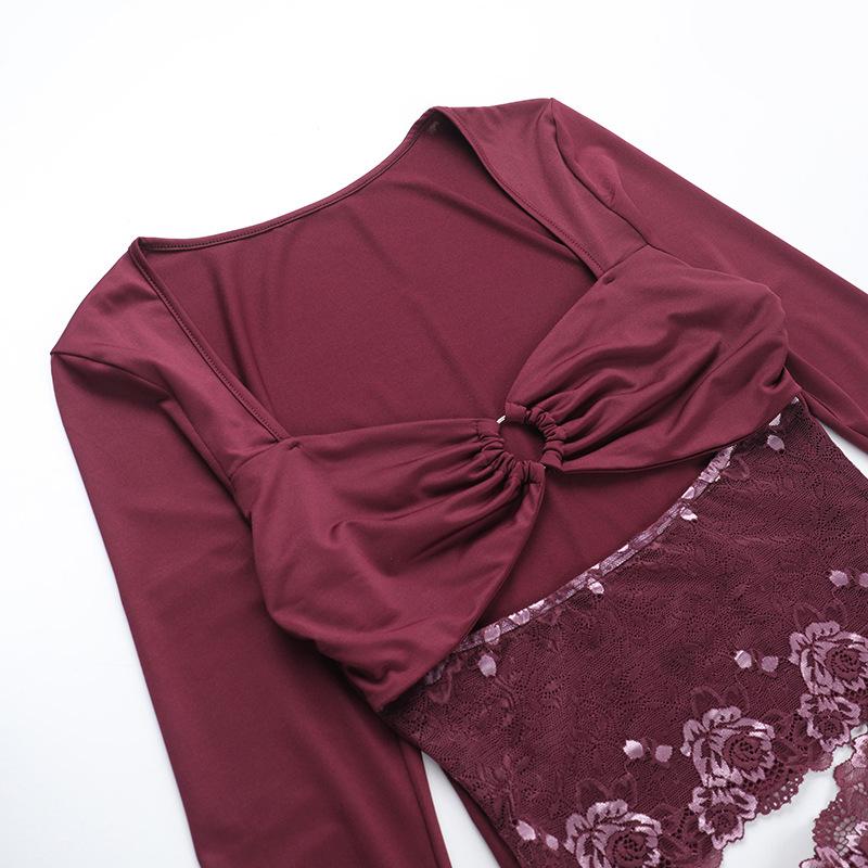 Long sleeve o ring lace hollow out mini dress