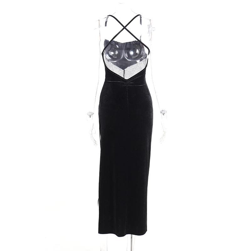 Cowl neck lace hem slit backless velvet cross back midi dress  | black rave dress  | black rave dress