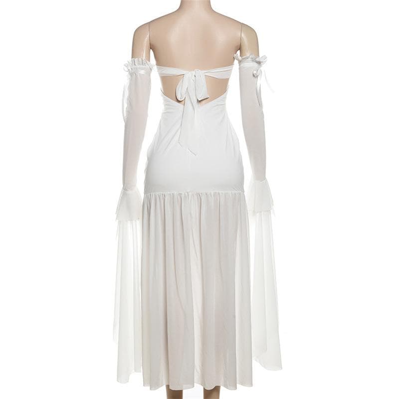 Long flared sleeve off shoulder rose applique maxi dress