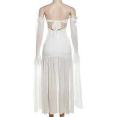 Long flared sleeve off shoulder rose applique maxi dress