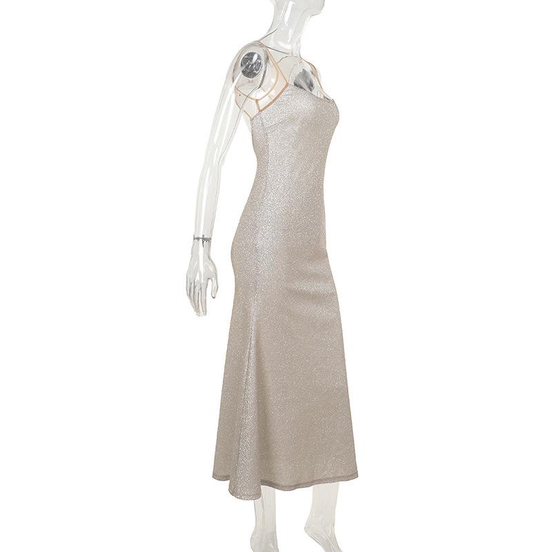 Glitter u neck backless cami maxi dress