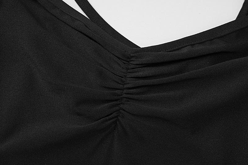 Ruched irregular cross back ruffle cami midi dress  | black rave dress