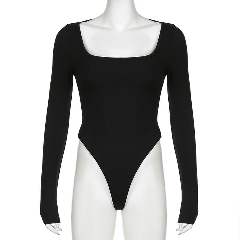 Square neck solid long sleeve backless cross back bodysuit