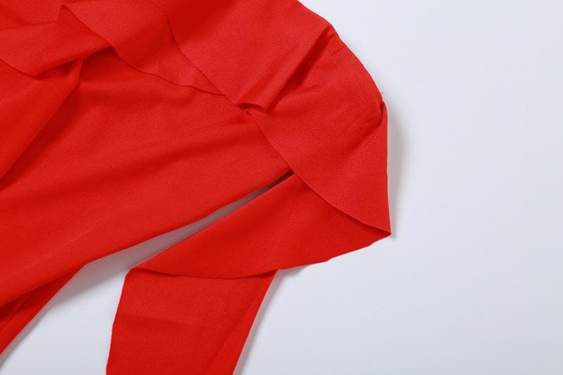 Ruffle high slit ruched irregular solid tube midi dress  | red tango dress