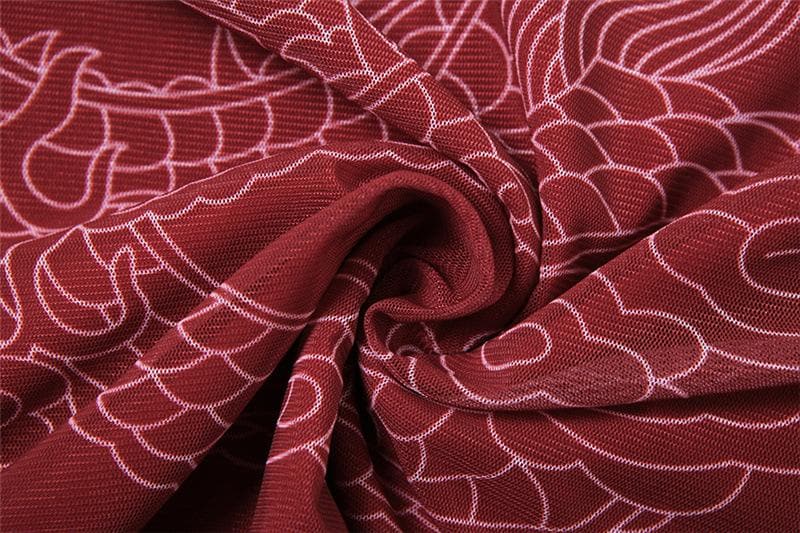Ruched mesh loong print ruffle tube midi dress  | red tango dress