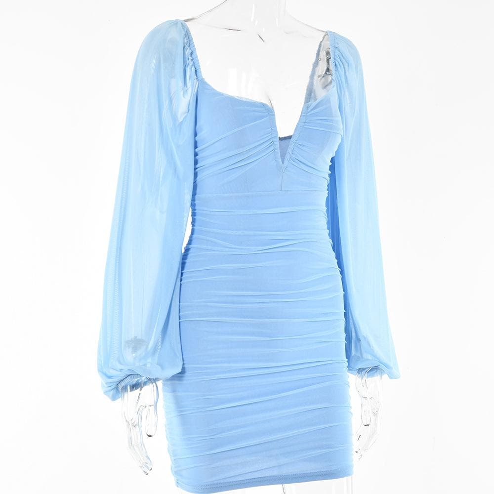 Mesh solid long sleeve ruched notch neck zip-up mini dress  | red tango dress