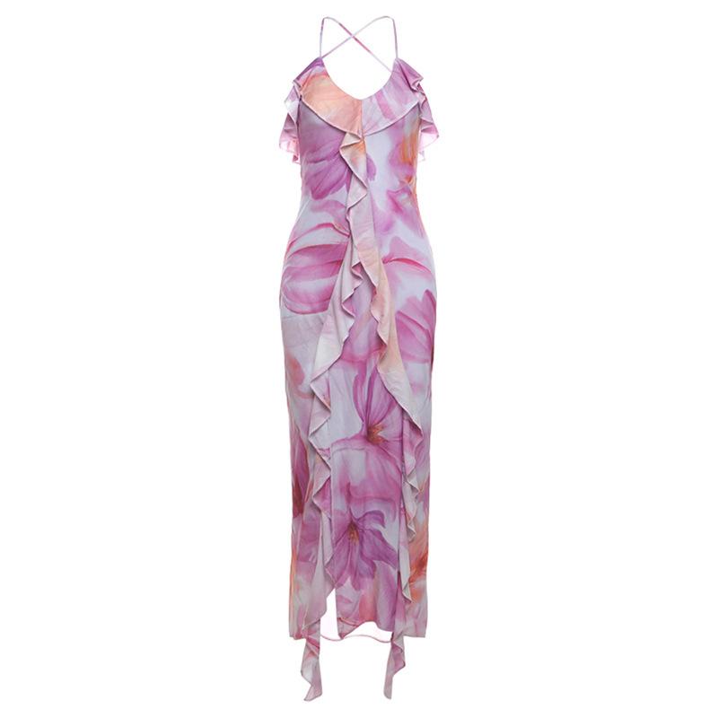 U neck print ruffle high slit cami midi dress