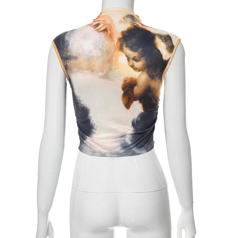 High neck print ruched contrast sleeveless top