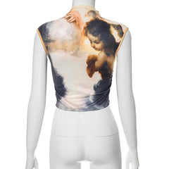 High neck print ruched contrast sleeveless top