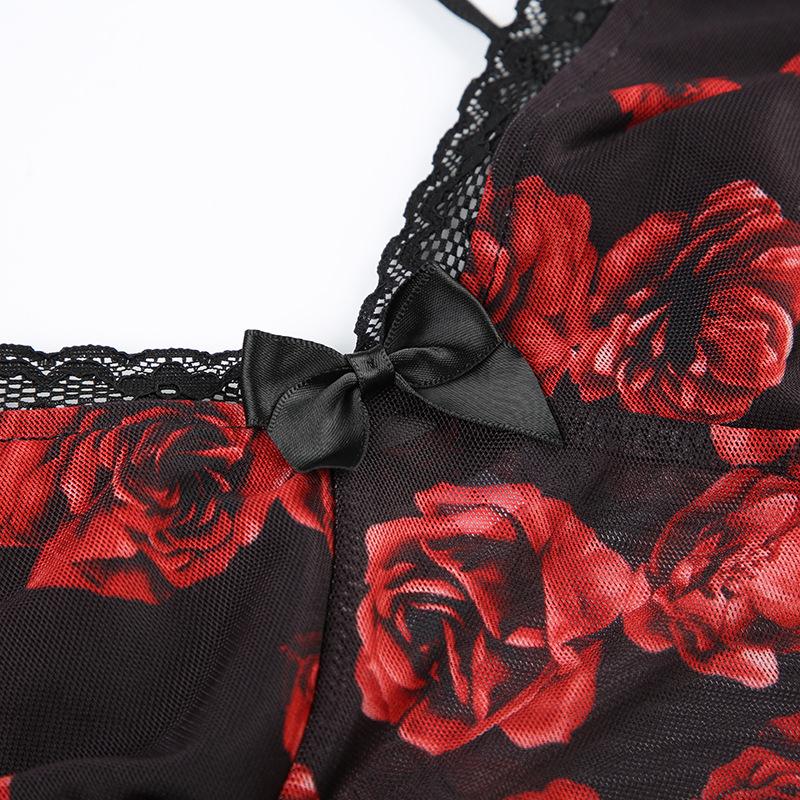 V neck rose print bowknot mesh cami top