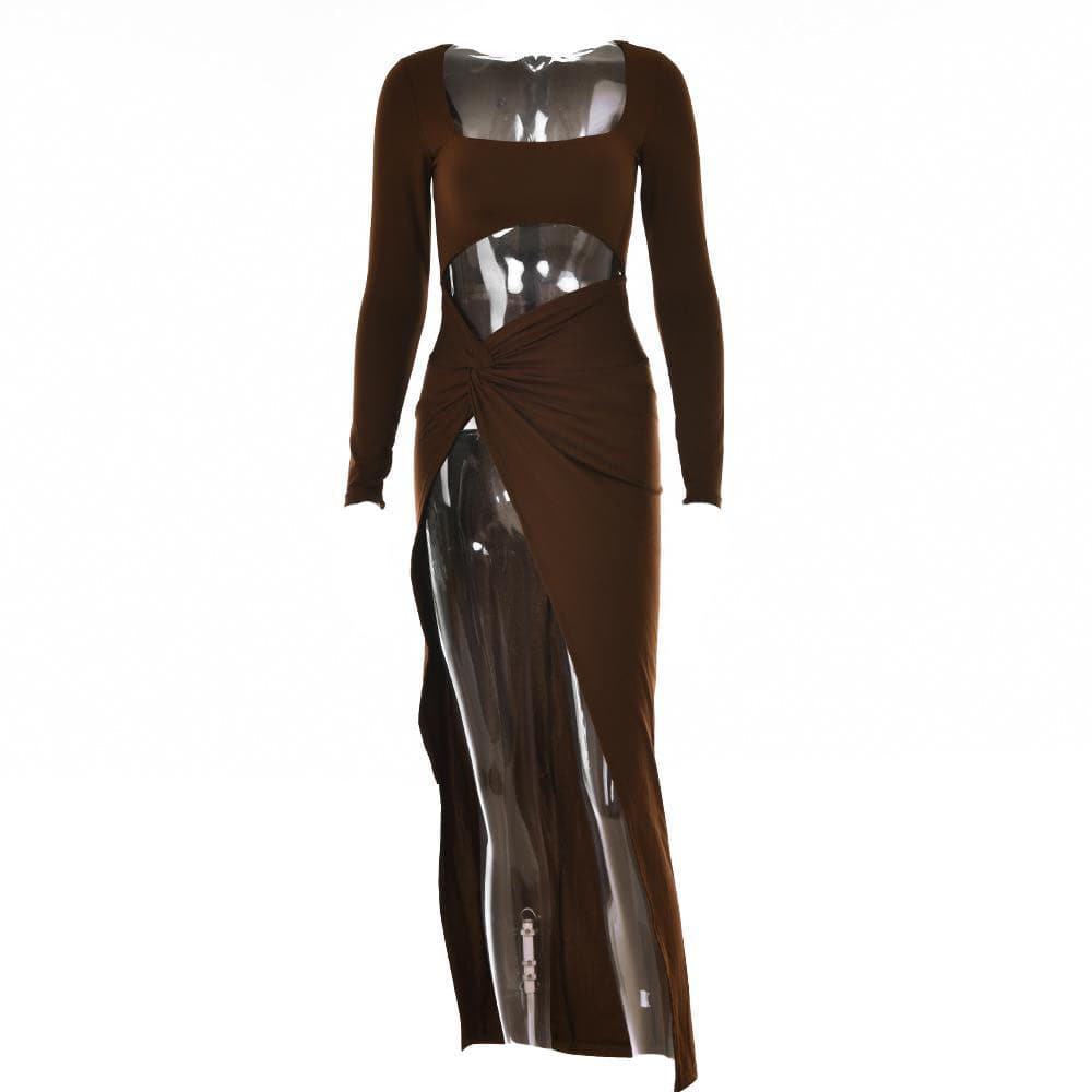 Long sleeve solid hollow out ruched slit knotted midi dress  | red tango dress