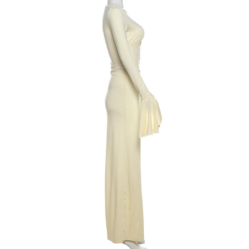 Long flared sleeve ruched maxi skirt set