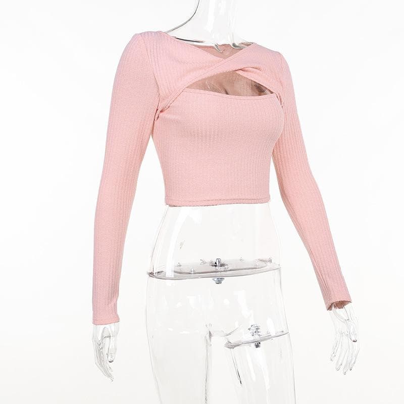 Long sleeve knitted hollow out ribbed cross front crop top