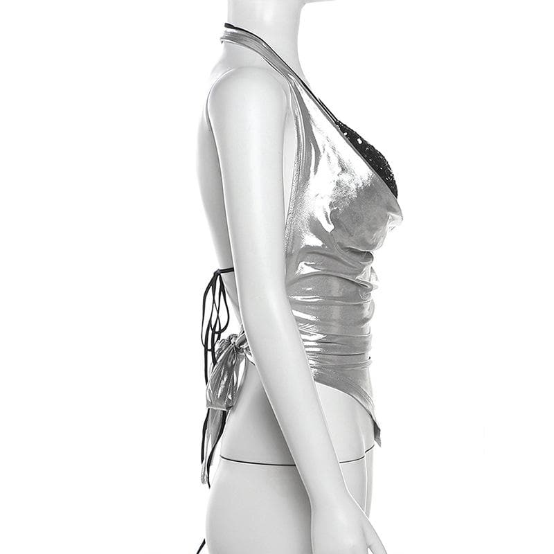 Halter metallic glitter cowl neck ruched 2 piece top