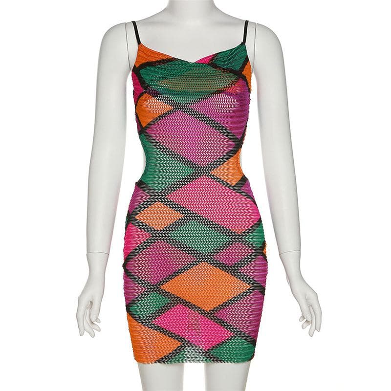 Hollow out sheer mesh see through print contrast cami dress  | samba dress