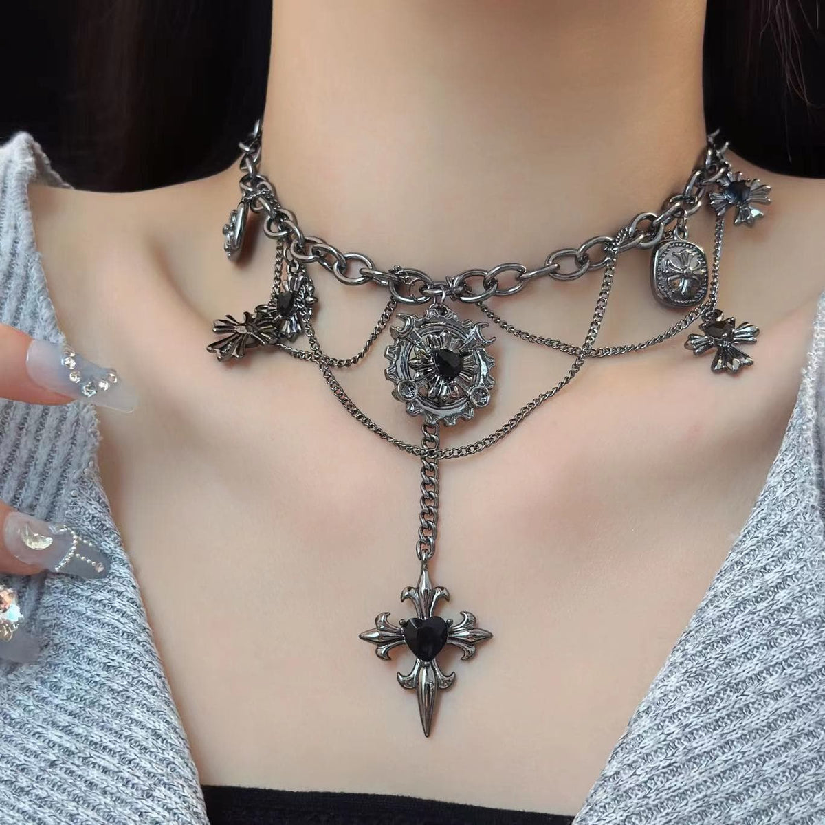 Cross pendant stone layered chain necklace
