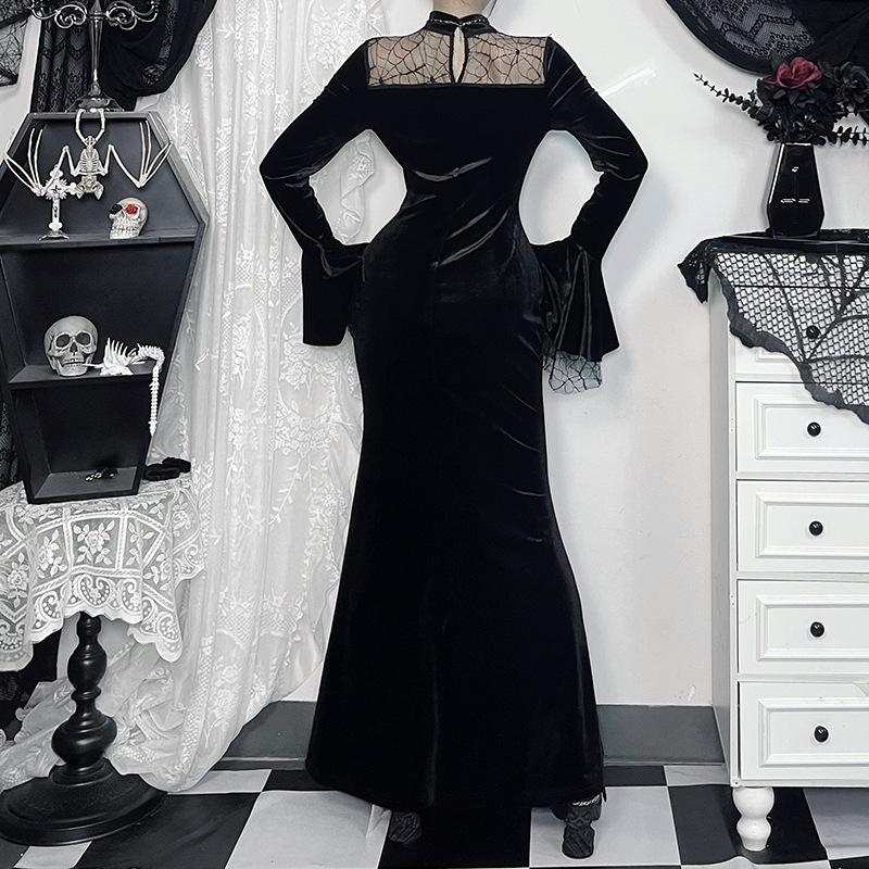 Long flared sleeve velvet patchwork spider web maxi dress