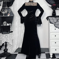 Long flared sleeve velvet patchwork spider web maxi dress