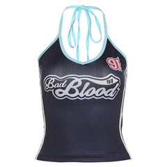 Halter self tie letter pattern backless contrast top