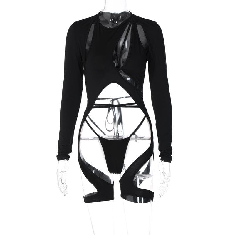 Long sleeve hollow out zip-up irregular solid cut out top