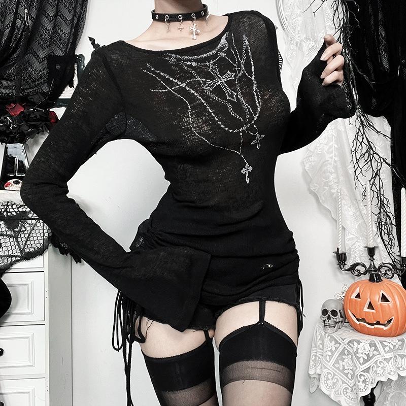 Long sleeve drawstring cross pattern knitted top