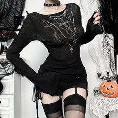 Long sleeve drawstring cross pattern knitted top