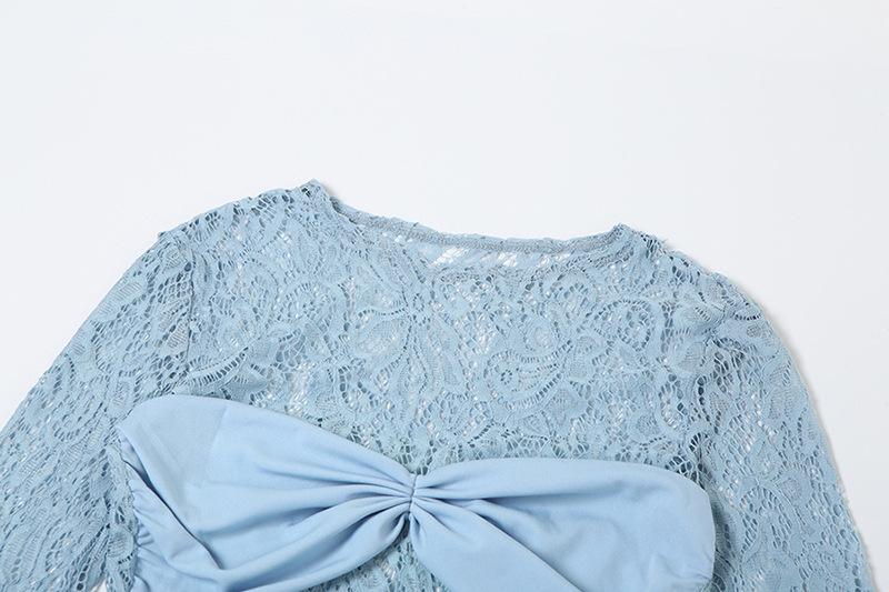 Long sleeve lace patchwork ruched mini dress