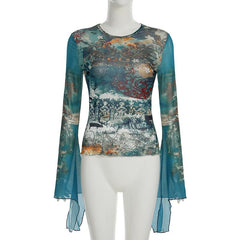 Crewneck long sleeve abstract mesh ruffle top