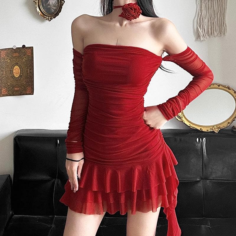 Long sleeve sheer mesh flower applique mini dress  | red tango dress  | samba dress