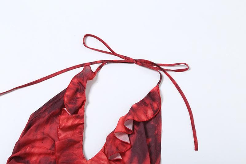 Halter ruched tie dye ruffle backless mini dress  | red tango dress