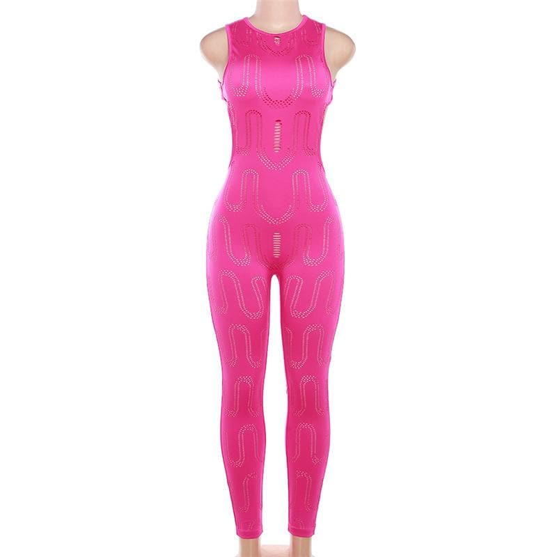 Sleeveless backless solid crewneck hollow out jumpsuit