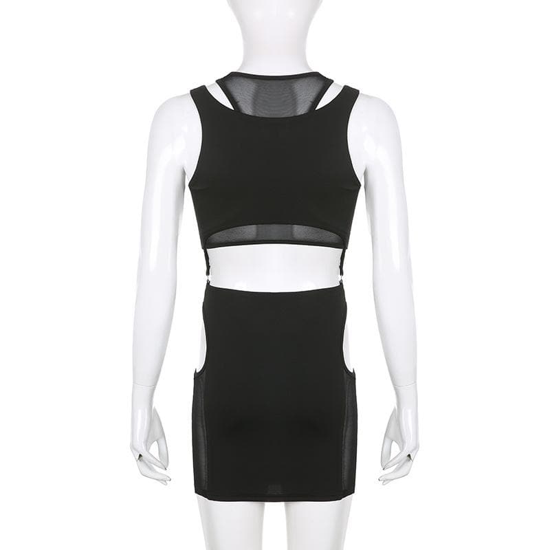 Mesh hollow out metal tag sleeveless 2 piece skirt set