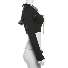 Long sleeve lace hem lace up shrug 2 piece top