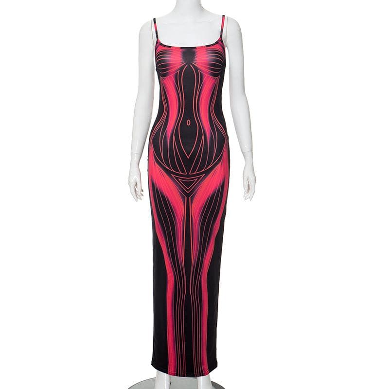 Body print contrast square neck backless cami maxi dress  | red tango dress