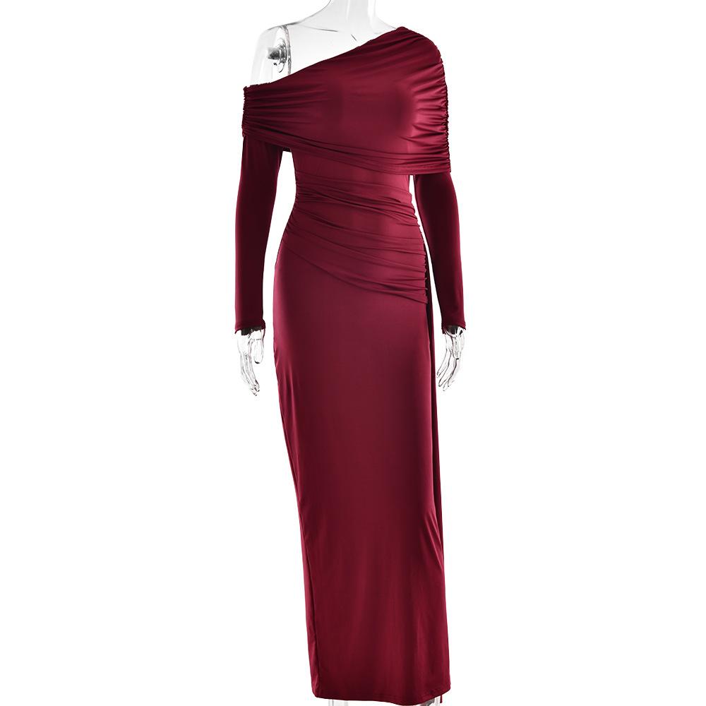 One shoulder long sleeve ruched slit maxi dress