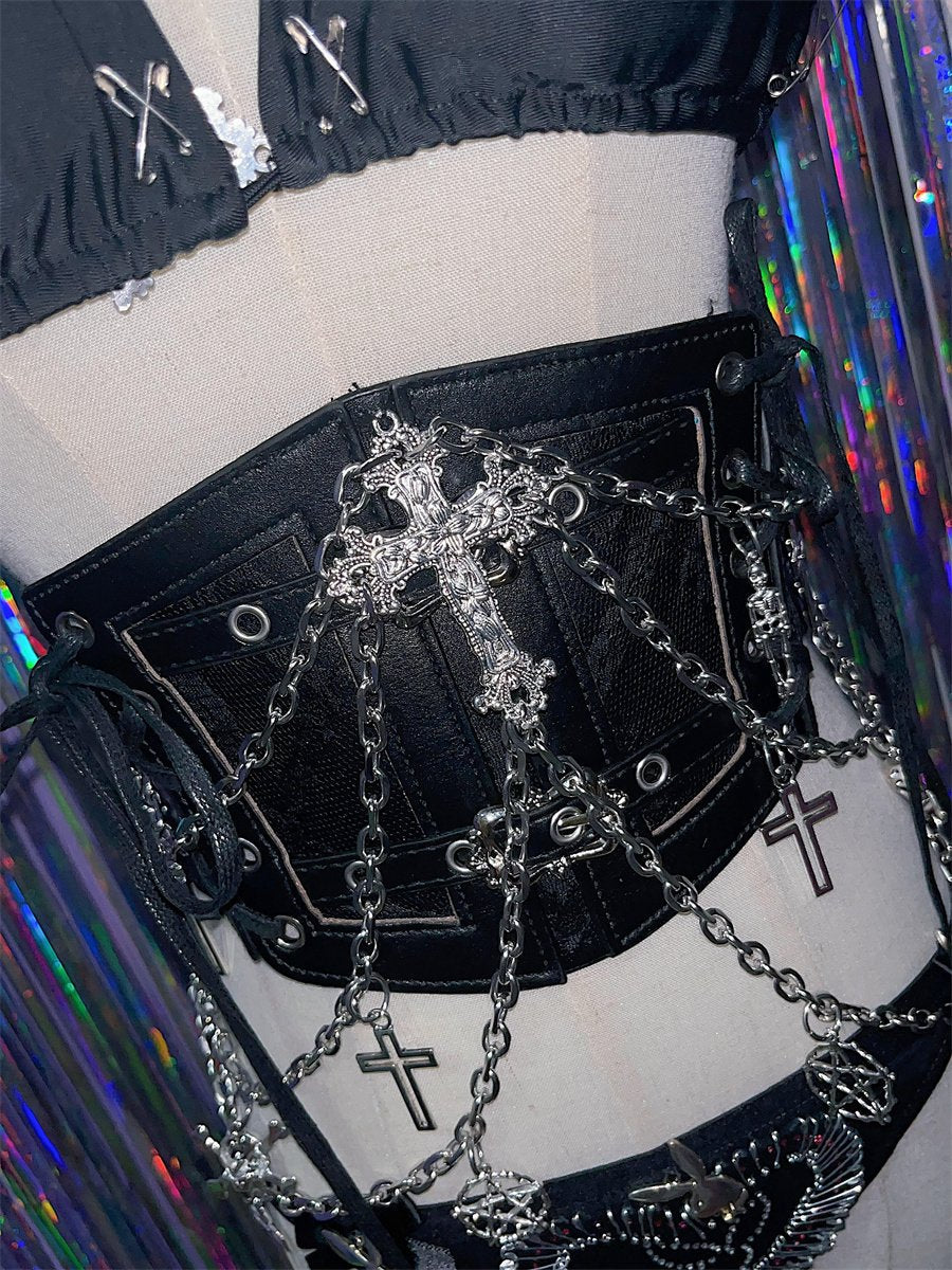 PU leather metal chain cross applique waist chain