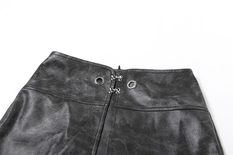PU leather fishnet patchwork button maxi skirt