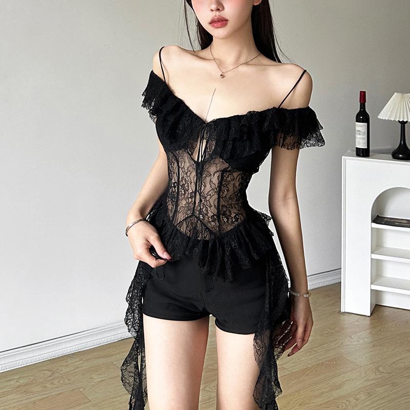 Off shoulder lace ruffle hollow out top