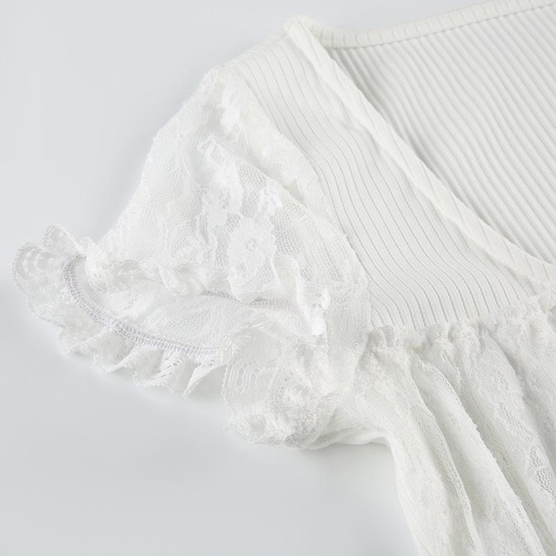 Short sleeve bowknot ribbon ribbed lace top